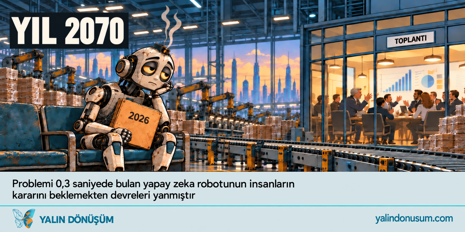 Yıl 2070: İnsanların uygulama kararını bekleyen yapay zekâ robotu. Yalın Dönüşüm.