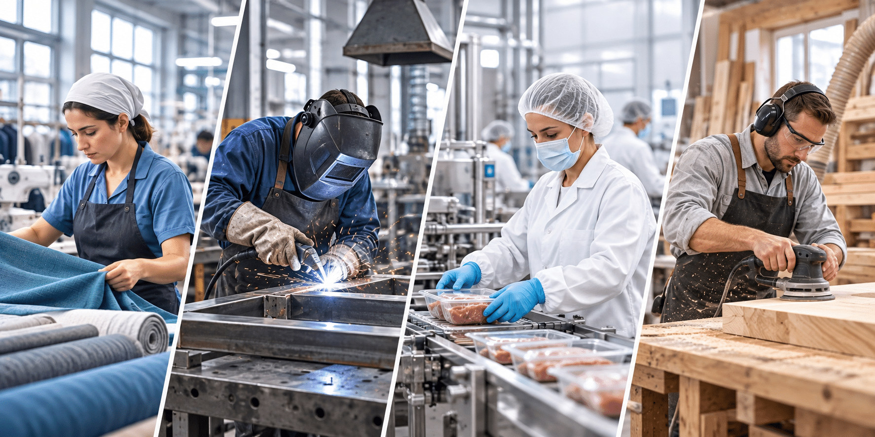 Farklı sektörlerde ortak üretim süreçleri — tekstil, metal, gıda ve ahşap üretimi