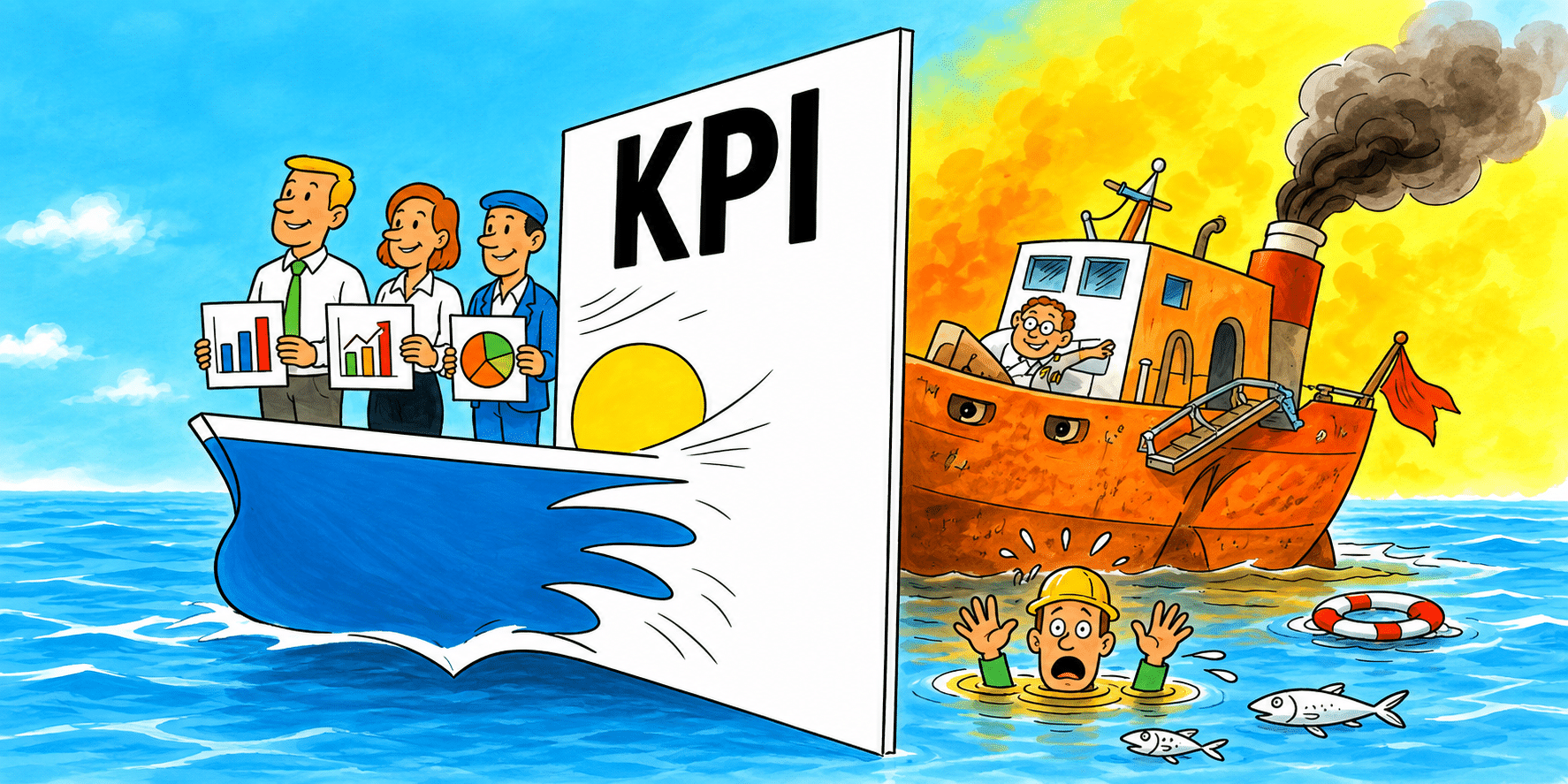 KPI raporlarının arkasında gizlenen gerçekler — gemi ve sudaki çalışan karikatürü