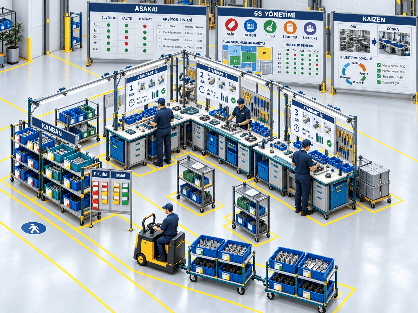 Kanban, 5S, Asakai ve Kaizen panoları, standart iş istasyonları ve malzeme taşıyan dollylerle yalın üretim sahası