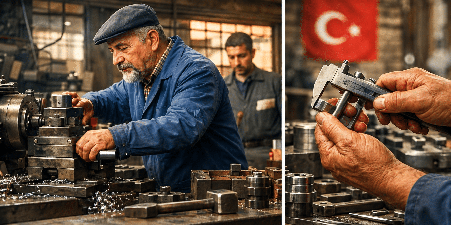 Yalın Dönüşüm ve Ustalar — tezgahta çalışan usta ve kumpasla ölçüm, yazısız kapak