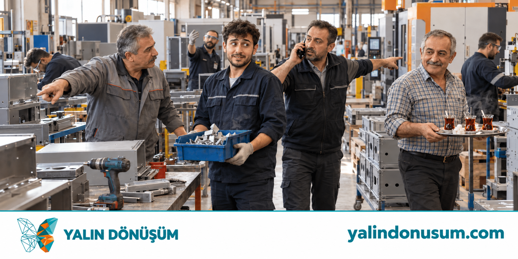 Fabrikada farklı yönlere işaret eden yöneticiler arasında kalan çalışan ve çay dağıtan çaycı; altta Yalın Dönüşüm logosu ve yalindonusum.com adresi.